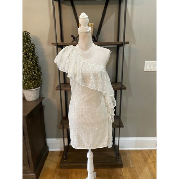 Mac Duggal Ruffle One Shoulder Sequin Mini Cocktail Dress White Womens 4 - Picture 4 of 11